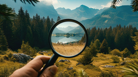 A captivating landscape view through a magnifying glass, revealing unseen details and enhancing the beauty of the outdoor environment, perfect for exploration and discovery conceptsの素材