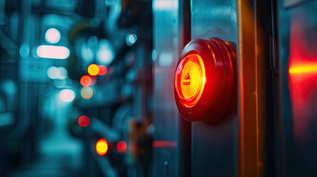 A big red emergency stop button for manual pressing, emphasizing safety measures and industrial equipment control with a red light at the factoryの素材