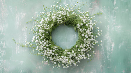 Elevate your space! A wreath crafted from eustoma and gypsophila flowers brings a touch of sophistication and nature's beauty to any settingの素材
