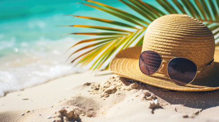 A banner adorned with a straw hat and sunglasses sets the scene for summer vibes, offering a stylish concept with ample copy space.の素材
