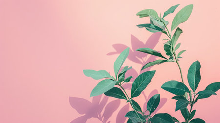 Frame your memories with a stylish minimal composition featuring green leaves against a serene pink pastel backdrop. Explore modern aesthetics!の素材