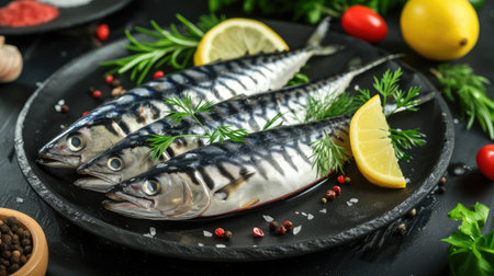 fresh mackerel and cooking ingredients on a black dish, capturing the essence of culinary creativity and meal preparationの素材