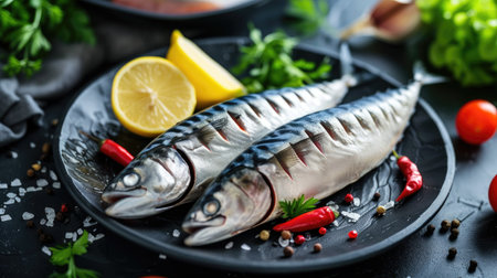 fresh mackerel and cooking ingredients on a black dish, capturing the essence of culinary creativity and meal preparationの素材