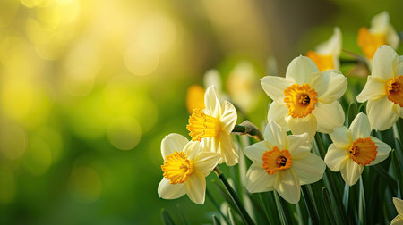 Panoramic spring background with closeup daffodils. Selective focus for a beautiful floral header. Perfect for websites or web banners, capturing the essence of springの素材