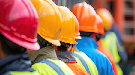 Team of engineers, helmets in hand, standing in formation on-site. Dynamic banner design capturing professionalism, teamwork, and construction excellence.の素材