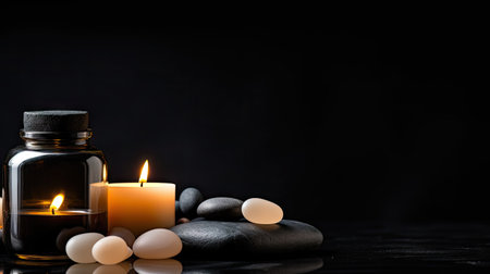 Spa serenity! Jar with cream, candles, and spa stones on a black background, creating a relaxing spa conceptの素材