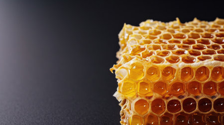 fresh honeycomb pieces on a black background with a captivating reflection, offering a side view and ample copy space.の素材