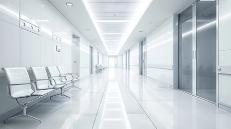 visual of an empty modern hospital corridor with white chairs, setting the scene for patients waiting for a doctor visit.の素材