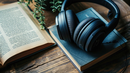 headphones immersed in an open book, symbolizing the concept of audiobooks. Conveys the joy of literary exploration through audioの素材