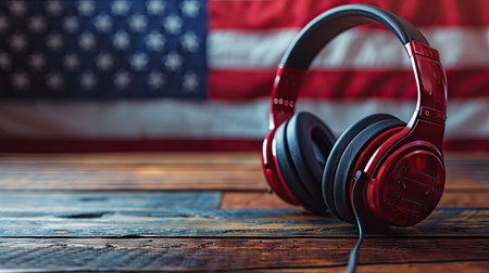 Language Notes: Headphones with language entries and an American flag, symbolizing the journey of learning foreign languages.の素材