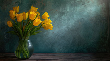 A bouquet of yellow tulips in a vase on the floor, radiating freshness and eleganceの素材