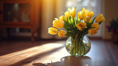 A bouquet of yellow tulips in a vase on the floor, radiating freshness and eleganceの素材
