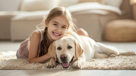 A little girl joyfully playing with her Labrador retriever at home, showcasing the heartwarming bond between child and petの素材