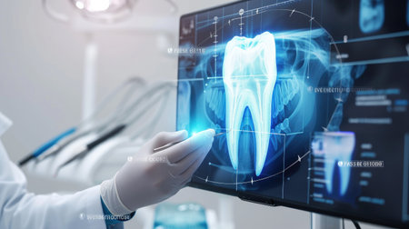 Tooth snapshot on virtual display, dentist analyzing data.の素材