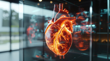 Virtual display showcases 3D model of a heart, addressing heart disease and strokeの素材