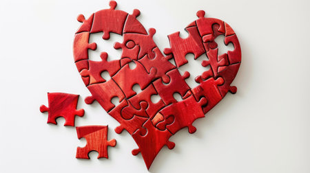 Red heart puzzle pieces forming a complete heart on a white background, symbolizing love unityの素材