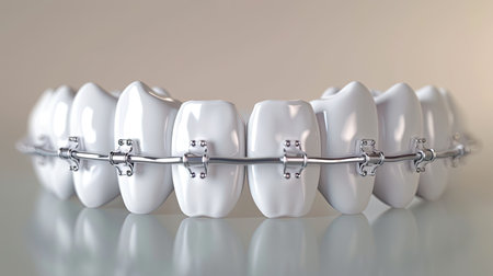Teeth braces innovation displayed on white teeth, highlighting the success of dental alignment with a modern and effective approachの素材