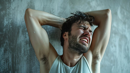 Smelly armpits in men, illustrating the concept of body odor and the resulting twisted expressionの素材