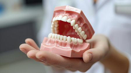 Doctor holding a dental implant, demonstrating the concept of artificial tooth roots and dental restoration in a healthcare settingの素材