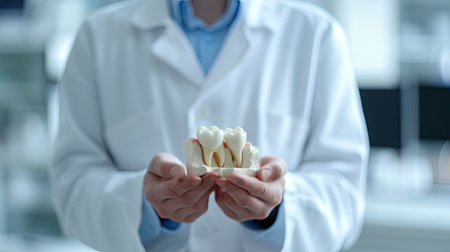 Doctor holding a dental implant, demonstrating the concept of artificial tooth roots and dental restoration in a healthcare settingの素材