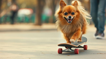 Cool Pomeranian spitz riding a skateboard, showcasing the creative and active lifestyle of a sporty pet in a fun training sessionの素材