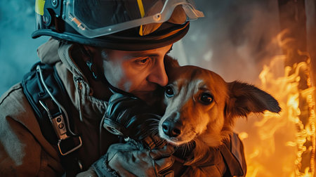Emergency Pet Evacuation: Heartwarming image of a firefighter emerging from a hazardous environment, cradling a scared dog rescued from a smoke-filled buildingの素材