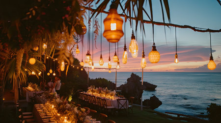 Romantic coastal wedding with lamps aglow, embracing the seaside magicの素材