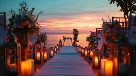 Romantic coastal wedding with lamps aglow, embracing the seaside magicの素材