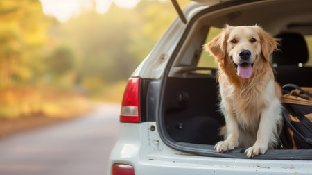 Joyful journey: Friendly retriever enjoys the ride in a white car's trunk.の素材