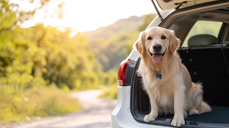 Joyful journey: Friendly retriever enjoys the ride in a white car's trunk.の素材