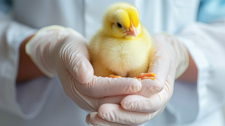 Yellow baby chick in the hand of a veterinarian wearing medical gloves, showing the examination, treatment, and vaccination of poultry for disease preventionの素材