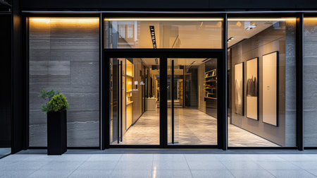 Modern entry: Glass entrance doors to a shopping center with automatic doors and reflectionsの素材