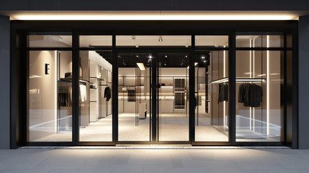Modern entry: Glass entrance doors to a shopping center with automatic doors and reflectionsの素材