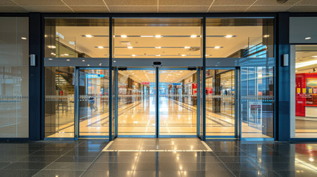 Modern entry: Glass entrance doors to a shopping center with automatic doors and reflectionsの素材