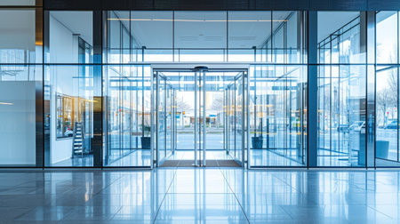 Modern entry: Glass entrance doors to a shopping center with automatic doors and reflectionsの素材