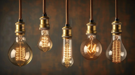 Nostalgic glow: Realistic set of retro light bulbs with vintage design and copper detailsの素材