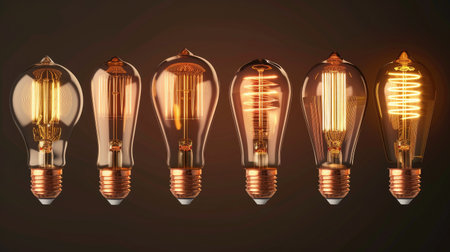 Nostalgic glow: Realistic set of retro light bulbs with vintage design and copper detailsの素材