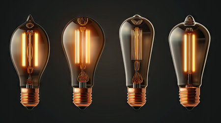 Nostalgic glow: Realistic set of retro light bulbs with vintage design and copper detailsの素材