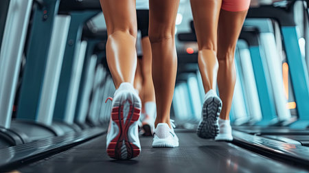 Fitness focus: Women's legs in running shoes on a treadmill, training in a dynamic fitness roomの素材