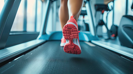 Fitness focus: Women's legs in running shoes on a treadmill, training in a dynamic fitness roomの素材