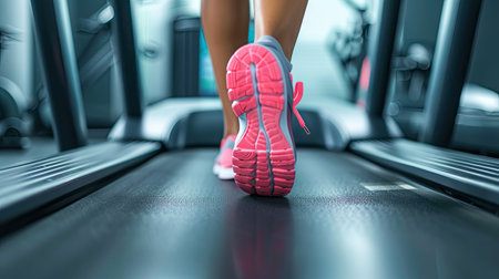 Fitness focus: Women's legs in running shoes on a treadmill, training in a dynamic fitness roomの素材