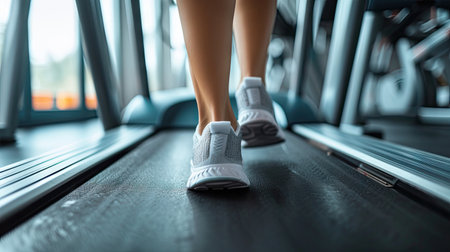 Fitness focus: Women's legs in running shoes on a treadmill, training in a dynamic fitness roomの素材