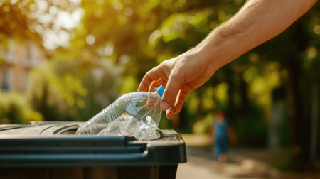 Eco-conscious living: Man's hand throws an empty plastic bottle into a recycling bin, close-up focusの素材