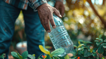 Eco-conscious living: Man's hand throws an empty plastic bottle into a recycling bin, close-up focusの素材