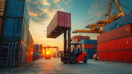Freight logistics: Forklift handling container box, loading stacker at docks for shipment, harbor activityの素材