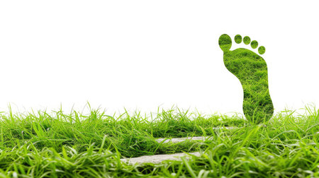 Green footprint: Conceptual image of grass representing environmental awareness on a white backgroundの素材