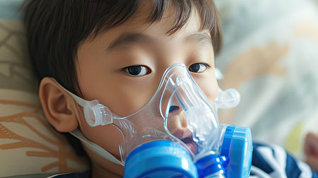 Child wellness: Little Asian boy, sick, using a steam inhaler nebulizer mask, medical care conceptの素材