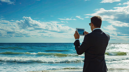 Business on the beach: Businessman's hands with tablet capturing pictures of the sea and cloudsの素材