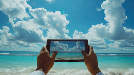 Business on the beach: Businessman's hands with tablet capturing pictures of the sea and cloudsの素材