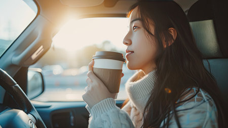 On-the-go lifestyle: Asian woman drinks coffee in the car while driving on the highwayの素材